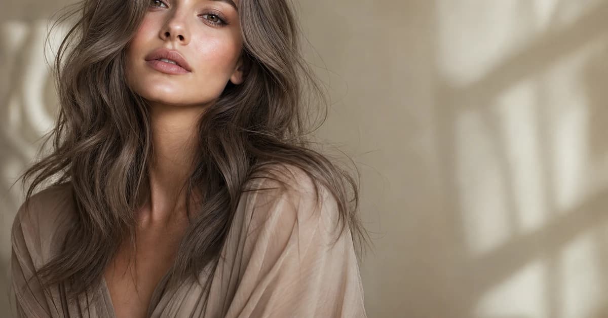 A woman with beautiful mushroom brown hair wearing a soft slate-blue top, by ToneLala