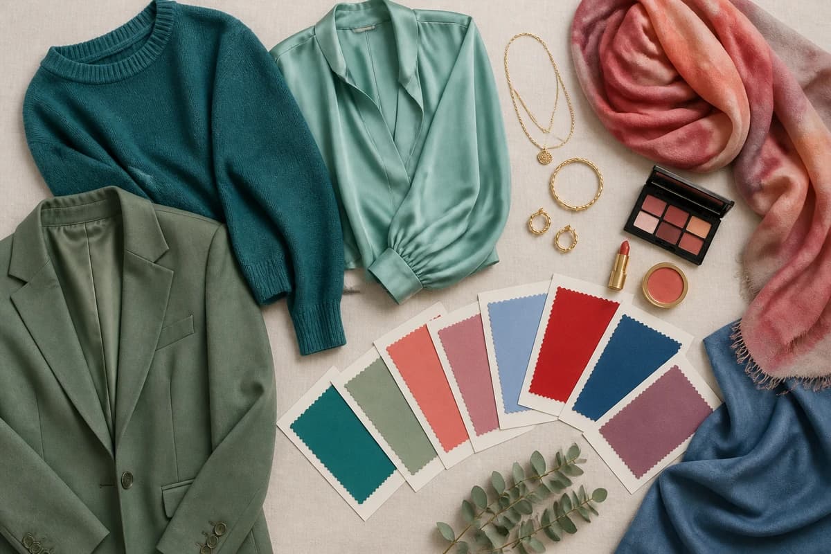 A flat-lay of the best colors for a neutral skin tone, teal, jade, soft coral, dusty rose, periwinkle, true red, denim blue, soft plum, sage and aqua with cream, taupe, soft white, soft navy and stone neutrals, by ToneLala