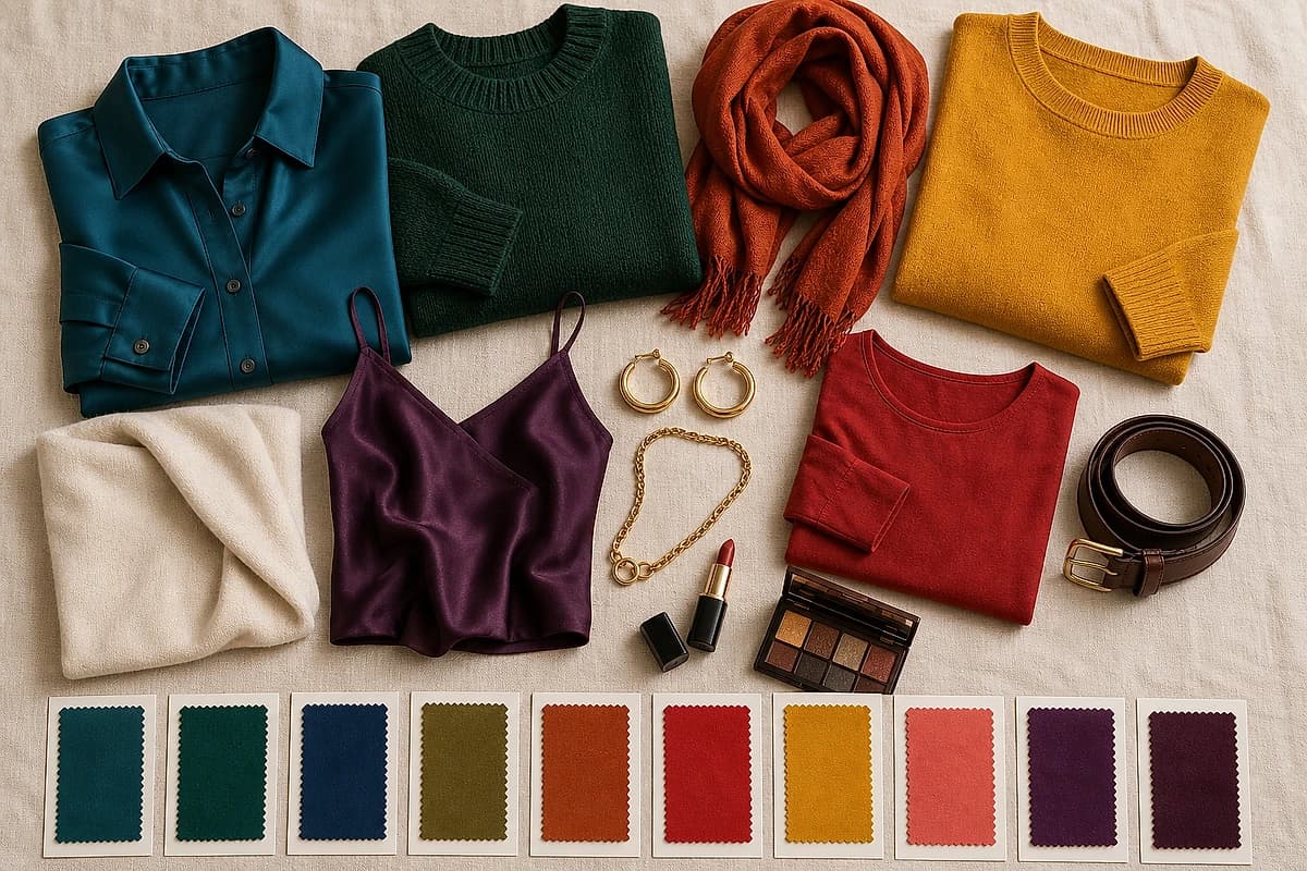 A flat-lay of the olive skin color palette, teal, emerald, rust, mustard, plum and tomato-red garments with cream and chocolate neutrals and gold jewelry, by ToneLala