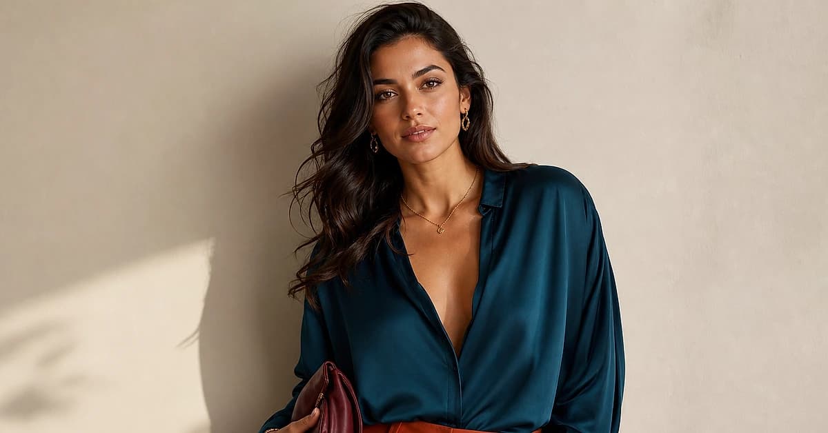 A woman with olive skin wearing a teal silk blouse and rust trousers with gold jewelry, the colors that flatter olive skin, by ToneLala