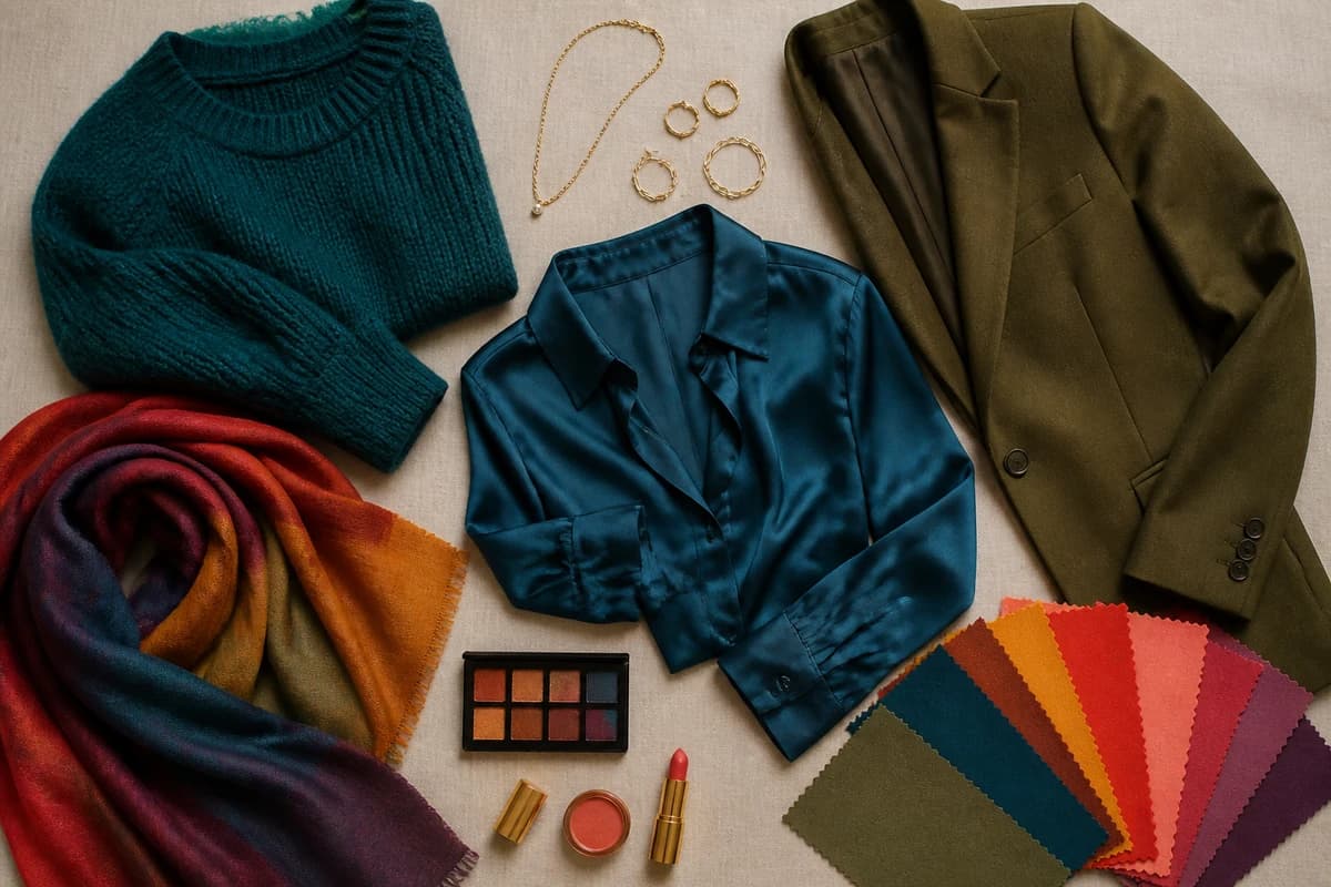 A flat-lay of olive-skin-friendly colours — teal, olive, rust, plum and peacock fabrics with cream and camel neutrals and gold jewellery, by ToneLala
