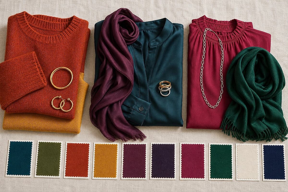 A flat-lay of fabrics for olive undertones, rust and mustard for warm olive, teal and plum for neutral olive, berry and emerald for cool olive, with gold and silver jewelry, by ToneLala