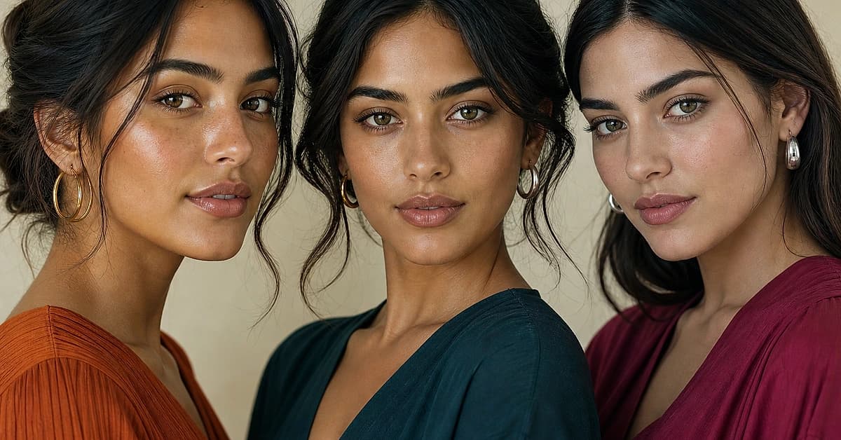 Three women with olive skin side by side, warm olive, neutral olive and cool olive undertones, in soft daylight, by ToneLala