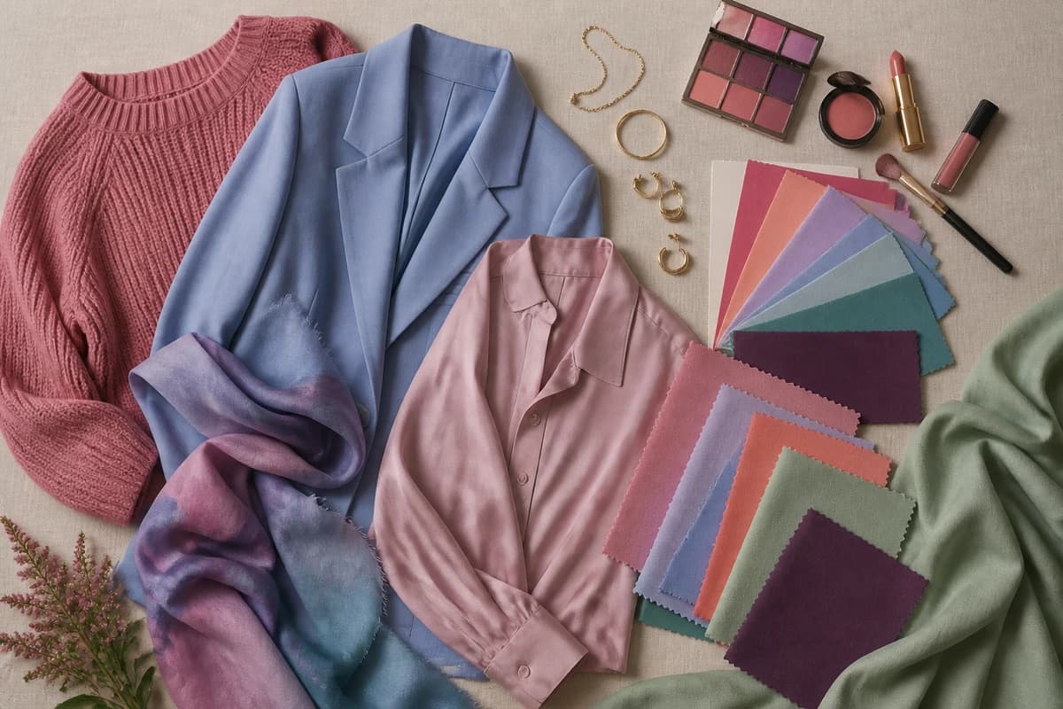 A flat-lay of flattering colors for pale skin, soft raspberry, periwinkle, dusty rose, soft teal and lavender with soft white and gray neutrals, by ToneLala