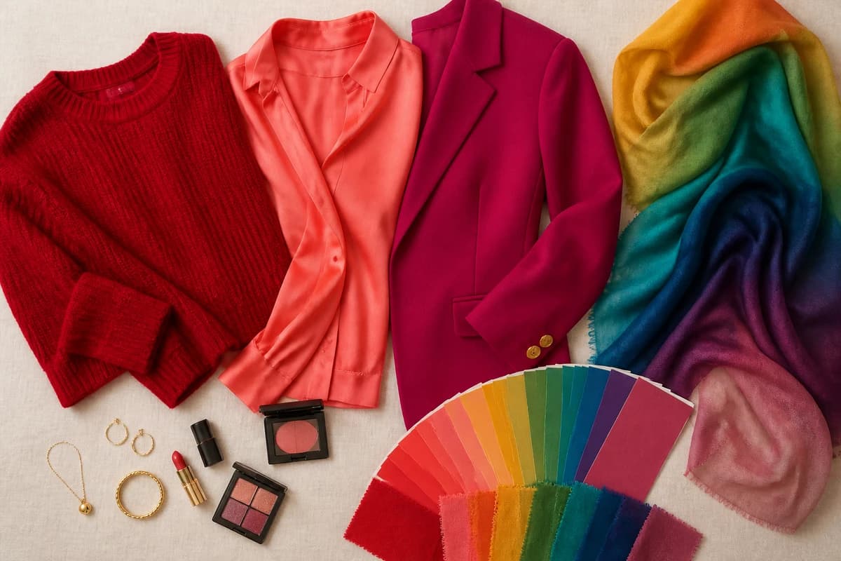 A flat-lay of personal color analysis drapes fanned from warm to cool and light to deep, with a hand-drawn season wheel, by ToneLala