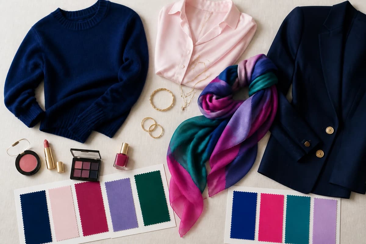 A flat-lay of colors to wear with platinum blonde hair, sapphire, icy pink, raspberry, amethyst and cool teal pieces, by ToneLala
