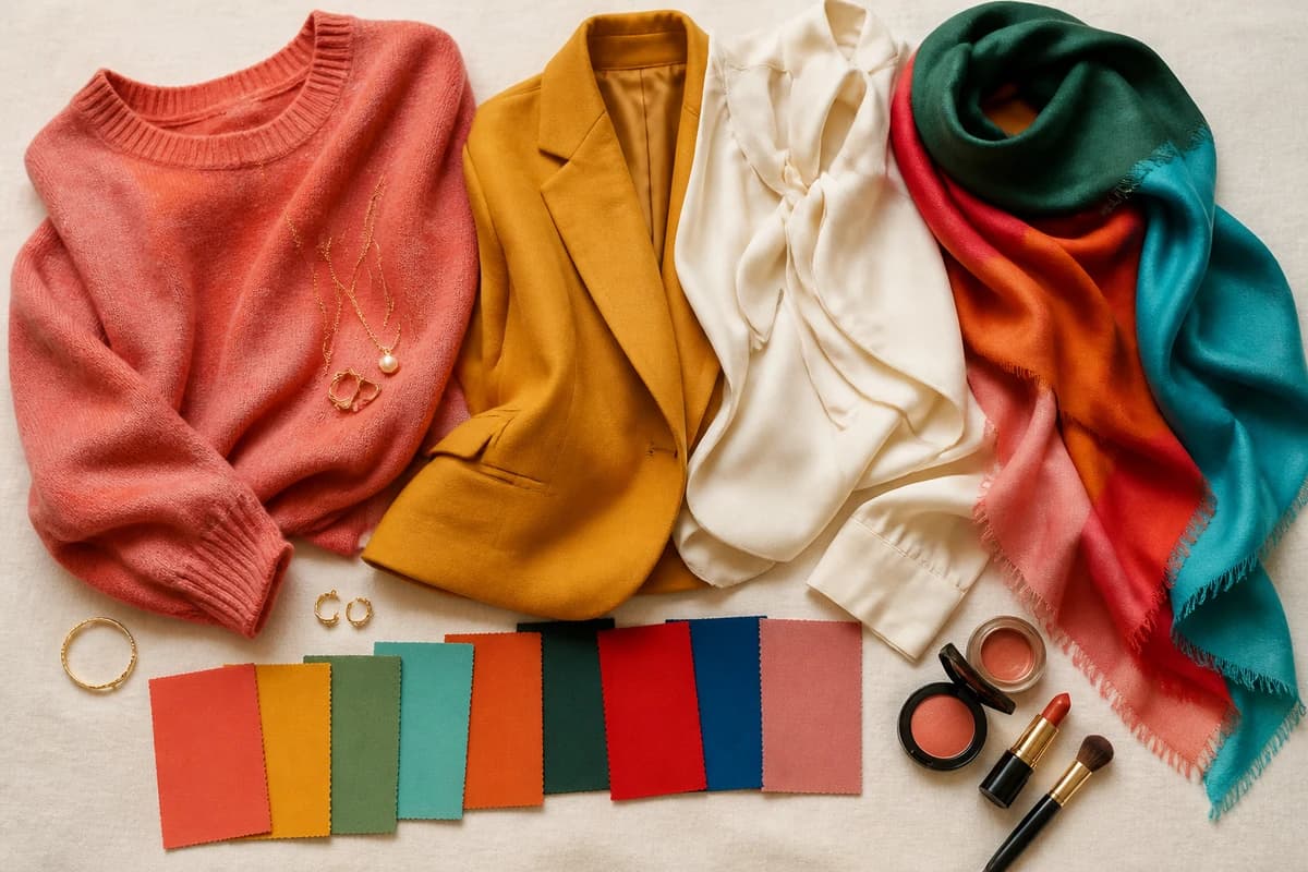 Flat lay of seasonal color analysis drapes spanning warm and cool, light and deep, muted and clear swatches, by ToneLala