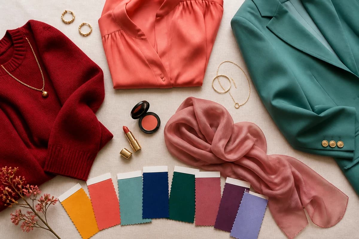A flat-lay complexion color guide with fair-to-deep fabric swatches, gold and silver jewelry and warm and cool textiles in daylight, by ToneLala