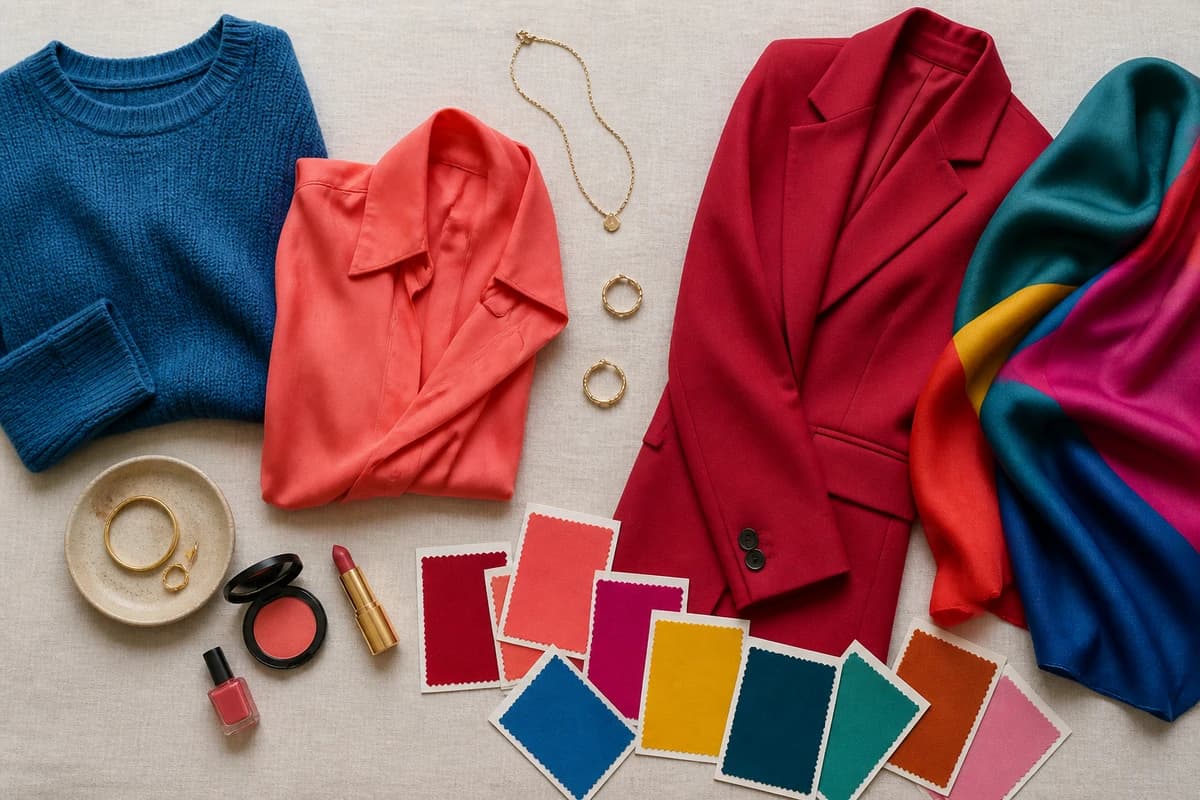 A flat-lay skin tone chart with fair-to-deep foundation shade cards, gold and silver jewellery and warm and cool fabric swatches in daylight, by ToneLala