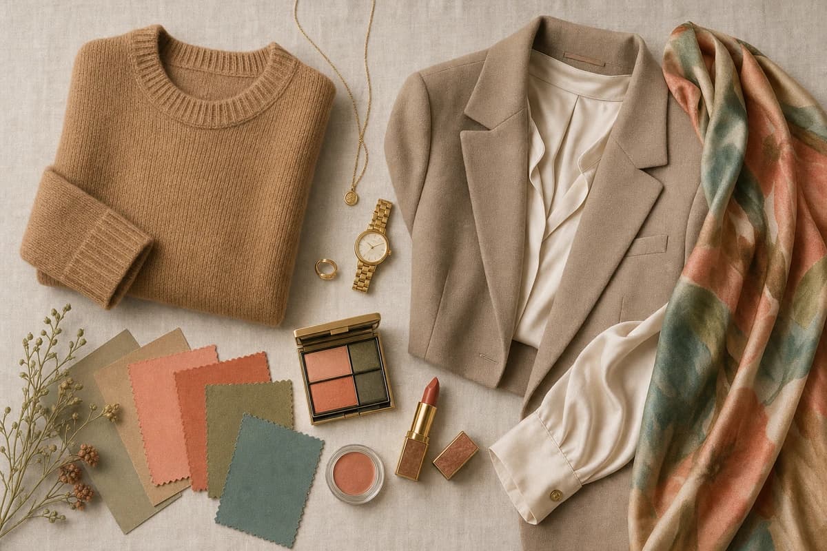 Soft Autumn Color Palette — styled in clothing, accessories and makeup, by ToneLala