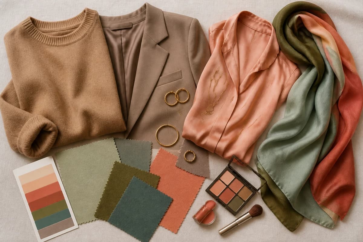 Soft Autumn flatlay, camel, soft coral, terracotta, sage and warm taupe fabrics with antique gold jewelry, by ToneLala