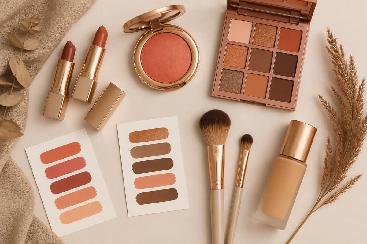 A flat-lay of Soft Autumn makeup products, soft coral and warm rose lipsticks, apricot blush, bronze and soft brown eyeshadows with a brown liner, by ToneLala