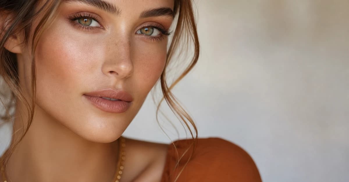 A woman wearing soft, warm Soft Autumn makeup — warm rose lip, soft apricot blush and bronze eyes with gold jewellery, by ToneLala