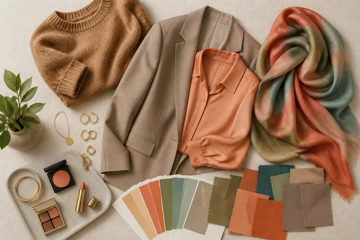 A Soft Autumn capsule wardrobe flat-lay, camel, soft coral, sage and terracotta pieces with cream and cocoa neutrals and tan leather, by ToneLala