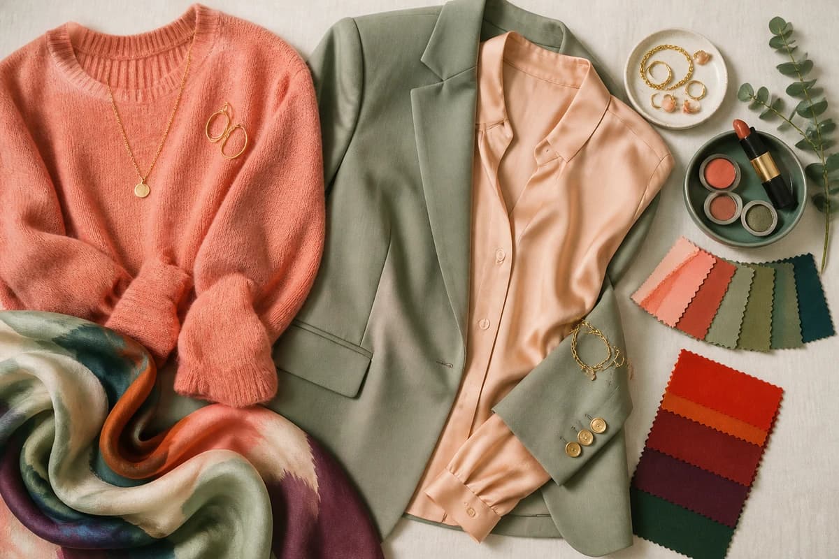 Flatlay of colors that distinguish Soft Autumn from Deep Autumn, muted camel, sage and soft coral beside deep rust, forest green and aubergine, by ToneLala