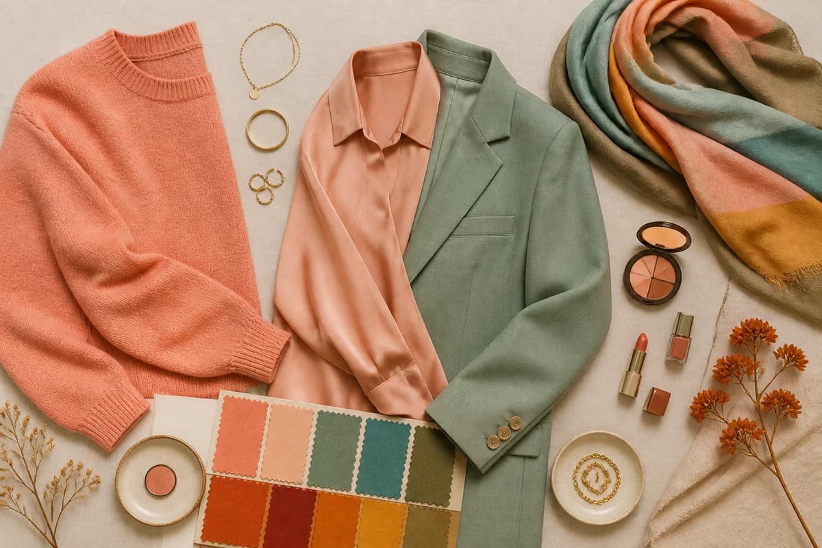 Flatlay of colors that distinguish Soft Autumn from True Autumn, muted camel and dusty peach beside saturated pumpkin and rust, by ToneLala