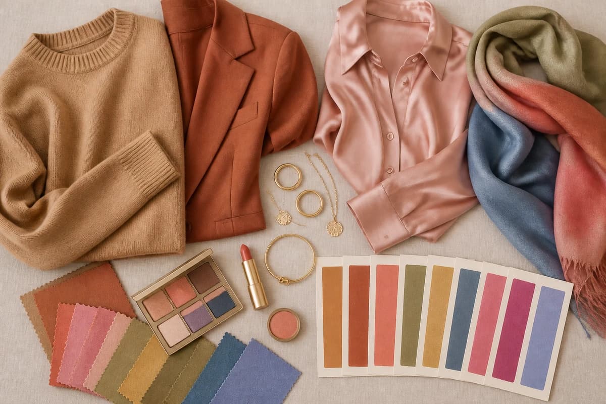 Flatlay of colors that distinguish Soft Autumn from True Summer, warm camel and terracotta fabrics beside cool slate blue and rose pink, by ToneLala