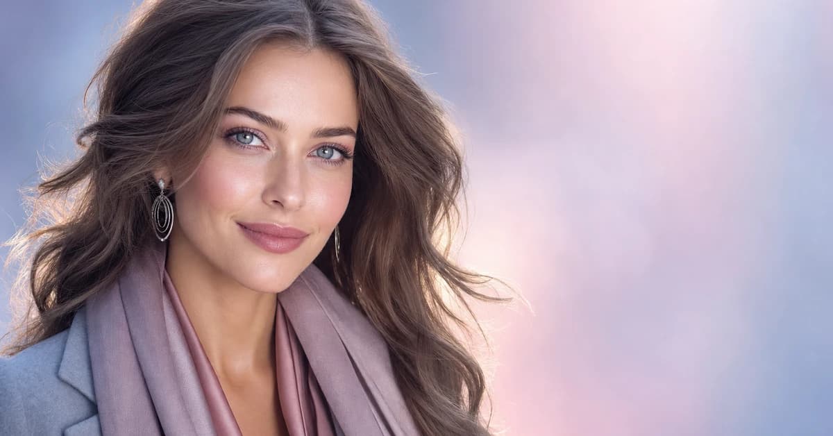 Soft Summer colour analysis — a woman with cool, muted Soft Summer colouring wearing a slate-blue coat, dusty-rose blouse and silver jewellery, by ToneLala