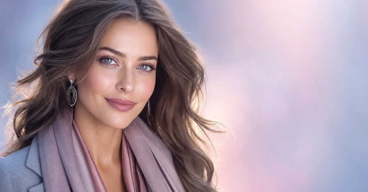 Soft Summer colour analysis — a woman with cool, muted Soft Summer colouring wearing a slate-blue coat, dusty-rose blouse and silver jewellery, by ToneLala