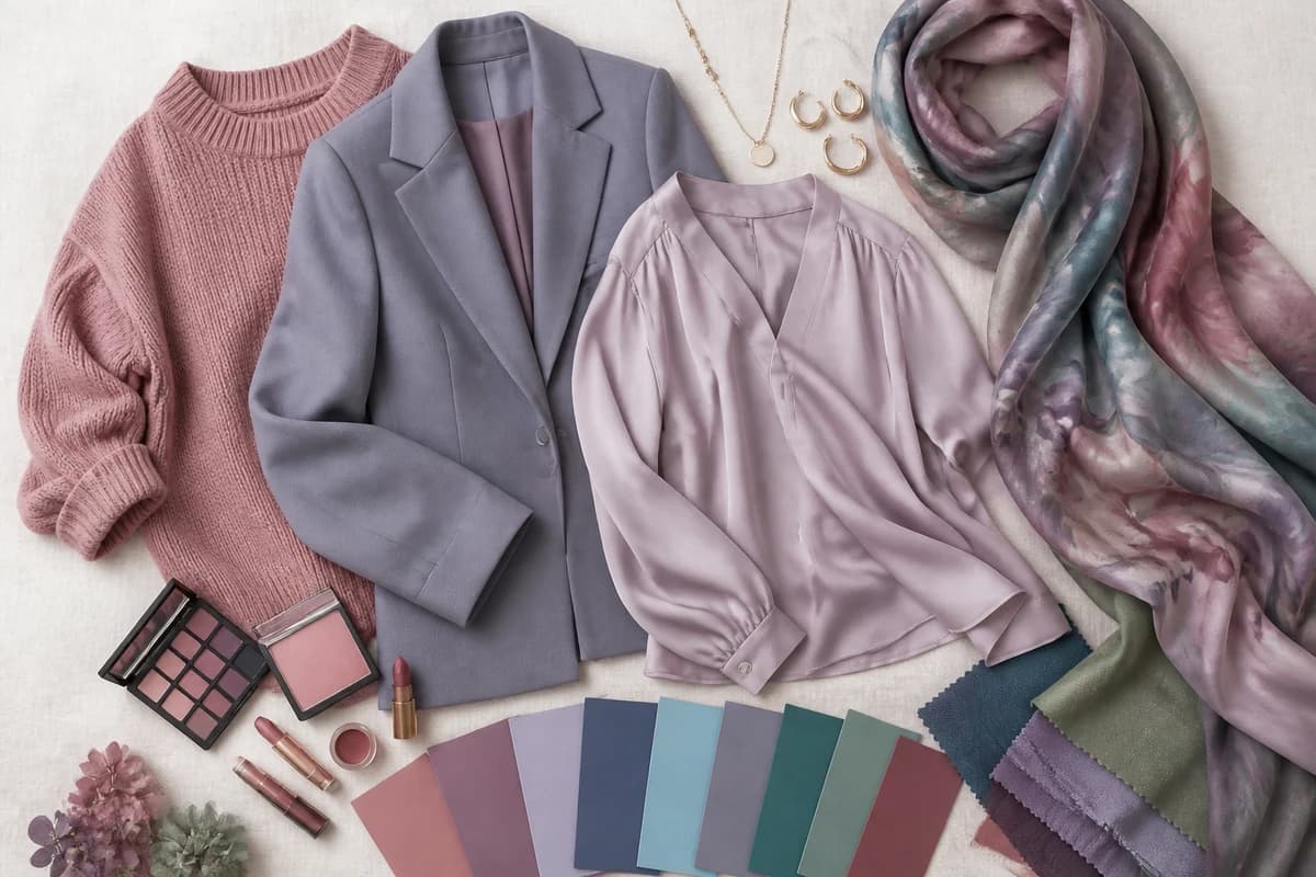 Soft Summer wardrobe flatlay in grayed lavender, slate blue and soft rose, by ToneLala