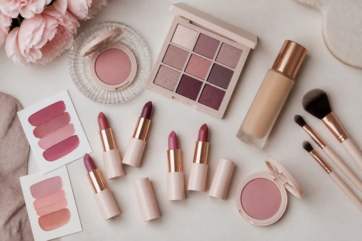 Flat-lay of Soft Summer makeup products, rosy-mauve and soft-berry lipsticks, cool-rose blush and taupe and slate eyeshadows, by ToneLala