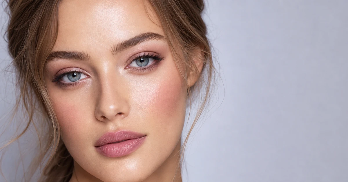 A woman wearing soft, cool-toned Soft Summer makeup — rosy-mauve lips, soft-rose cheeks and cool-taupe eyeshadow, by ToneLala