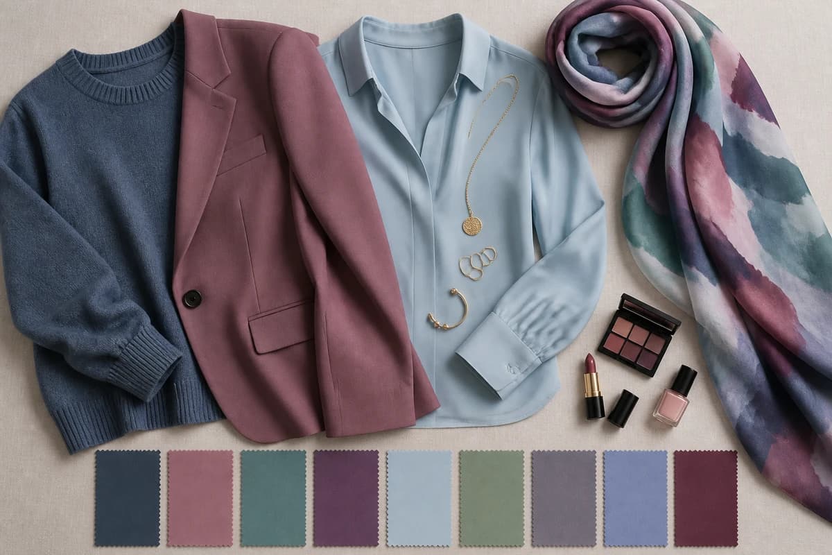 A Soft Summer capsule wardrobe flat-lay in muted cool tones, by ToneLala