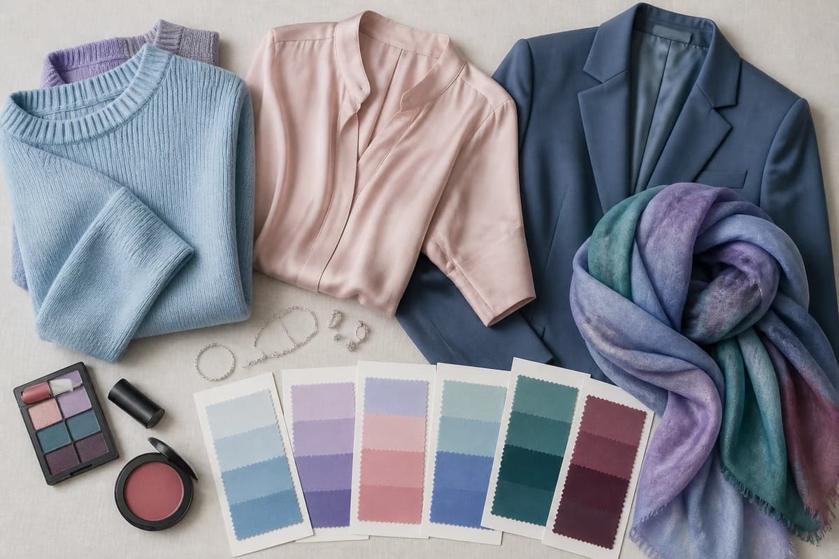 Flatlay of colors that distinguish Soft Summer from Light Summer, muted slate and dusty plum beside light powder blue and soft rose, by ToneLala