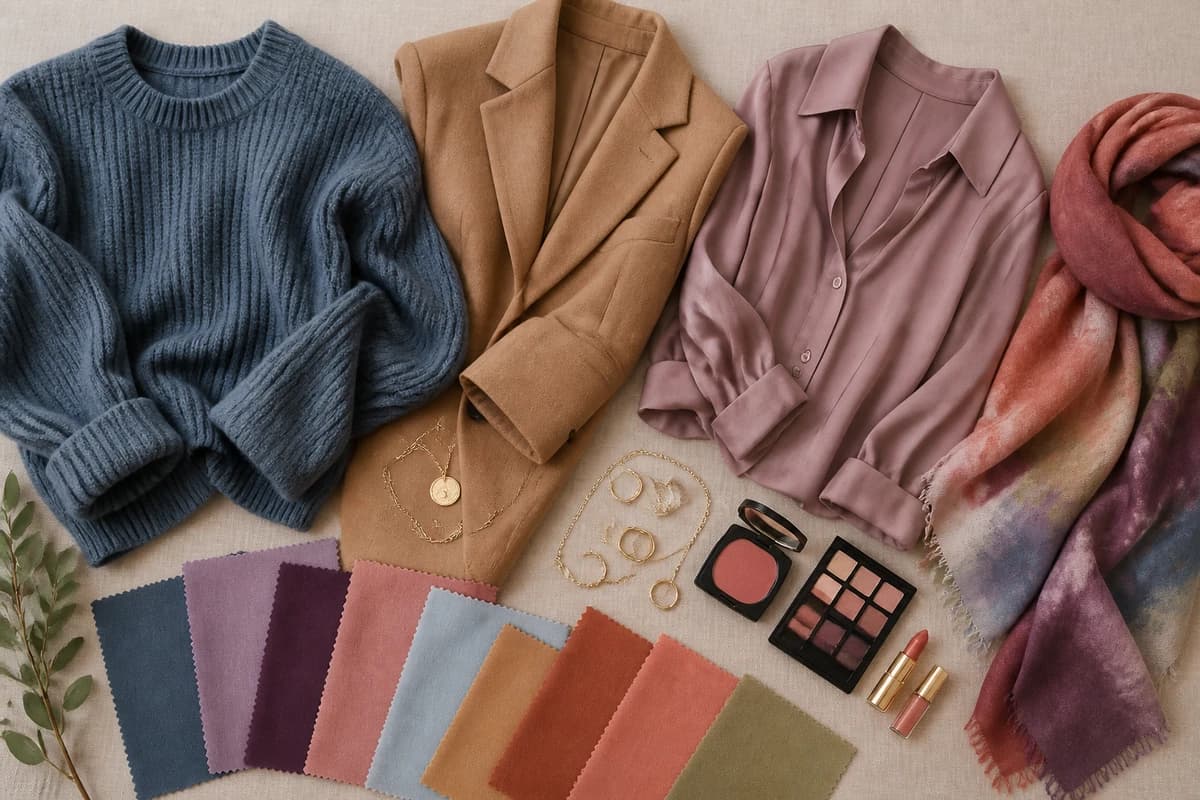 Flatlay of colors that distinguish Soft Summer from Soft Autumn, cool slate and mauve fabrics beside warm camel and terracotta, by ToneLala