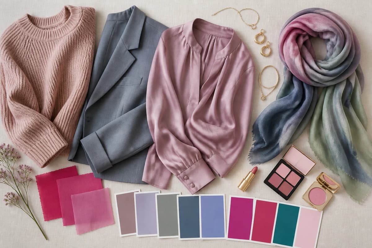 Flatlay of colors that distinguish Soft Summer from True Summer, muted grayed mauve and slate beside clearer cool fuchsia and spruce blue, by ToneLala