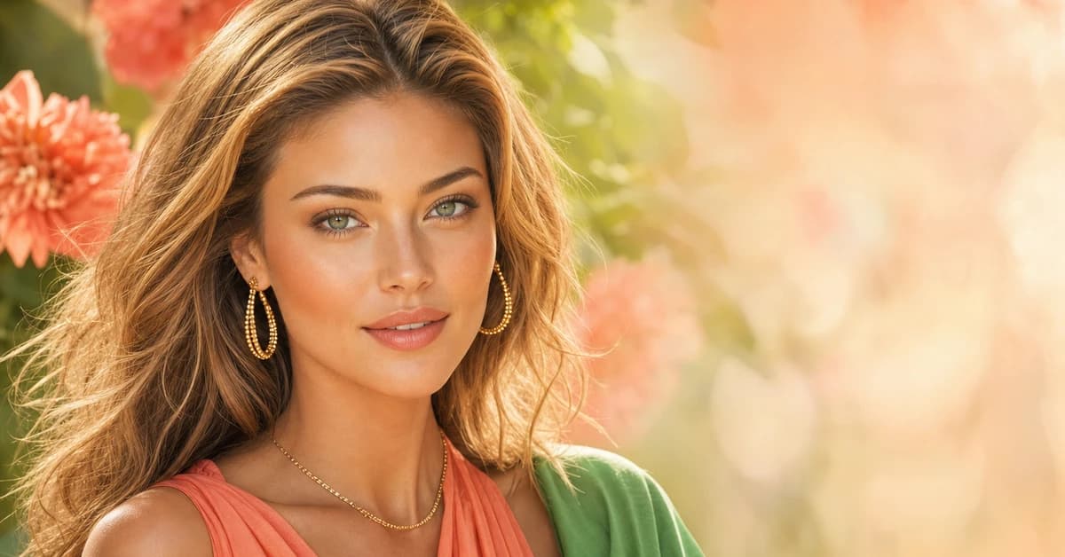 Spring colour analysis — a woman with warm, bright, light-to-medium Spring colouring wearing clear coral and warm turquoise, with gold jewellery, by ToneLala