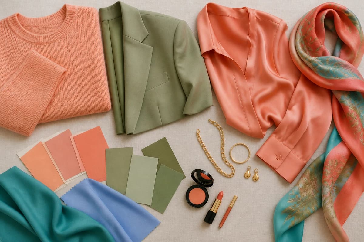 A flat-lay of colors to wear with strawberry blonde hair, peach, coral, teal, olive, warm coral and cream pieces, by ToneLala