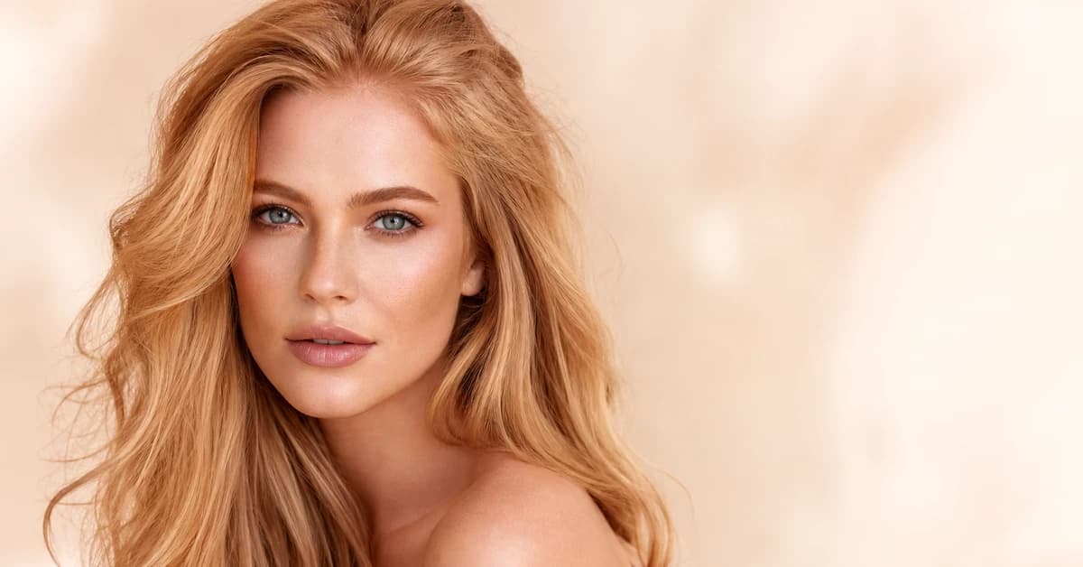 A woman with beautiful strawberry blonde hair wearing a warm peach top, by ToneLala