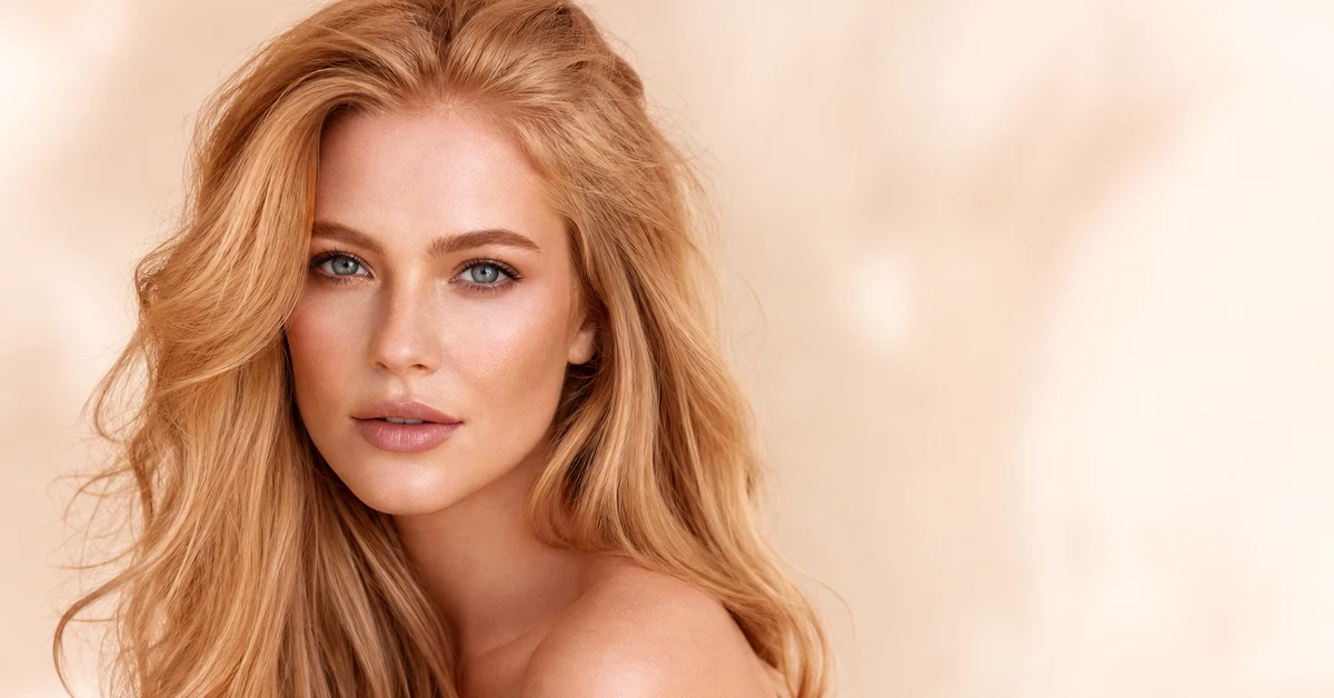 A woman with beautiful strawberry blonde hair wearing a warm peach top, by ToneLala