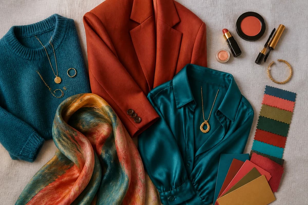 A flat-lay of the best colors for tan skin, teal, terracotta, olive, gold and warm cream pieces with accessories, by ToneLala