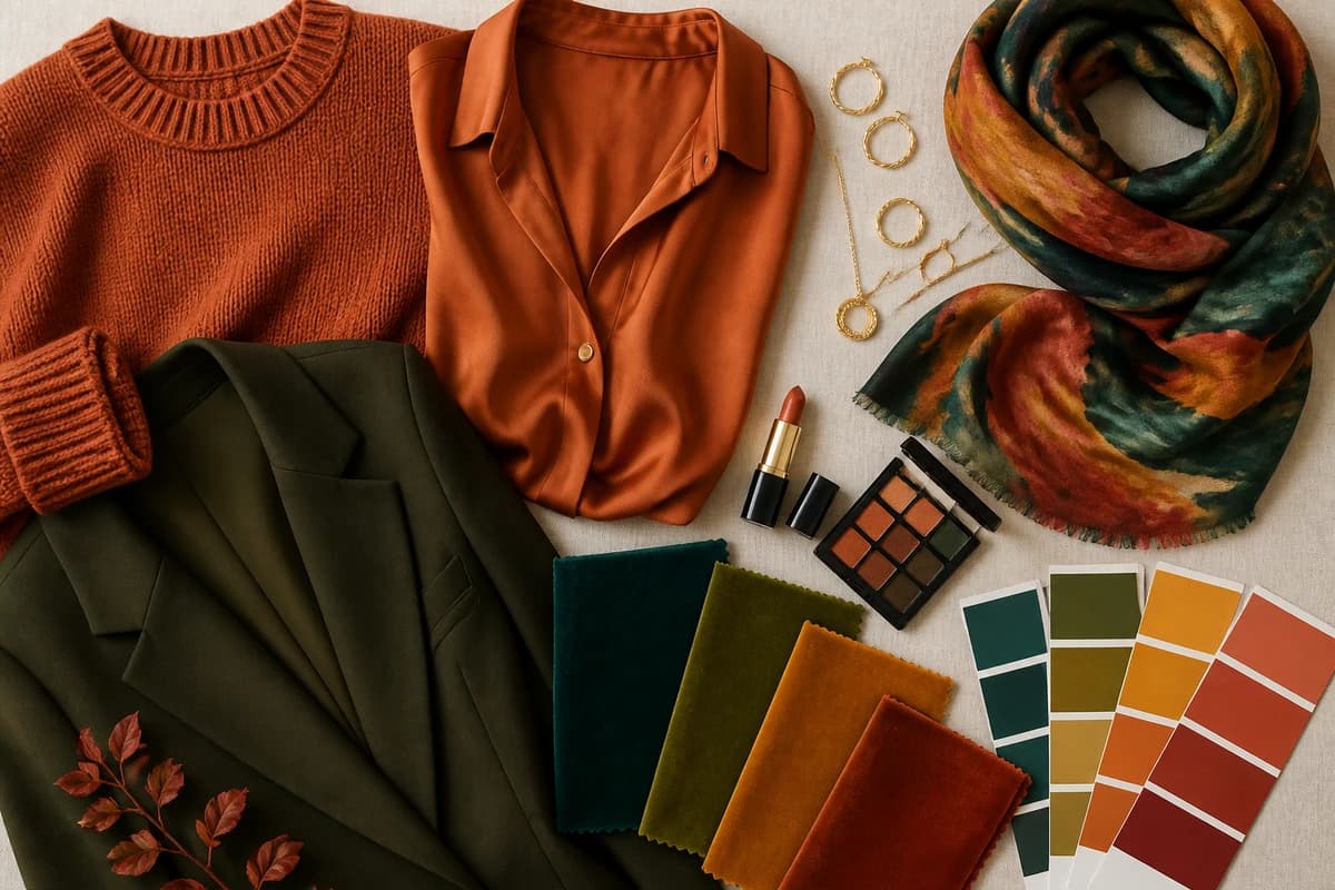 Flatlay of rust, olive, mustard and bronze fabrics with gold jewelry in True Autumn tones, by ToneLala