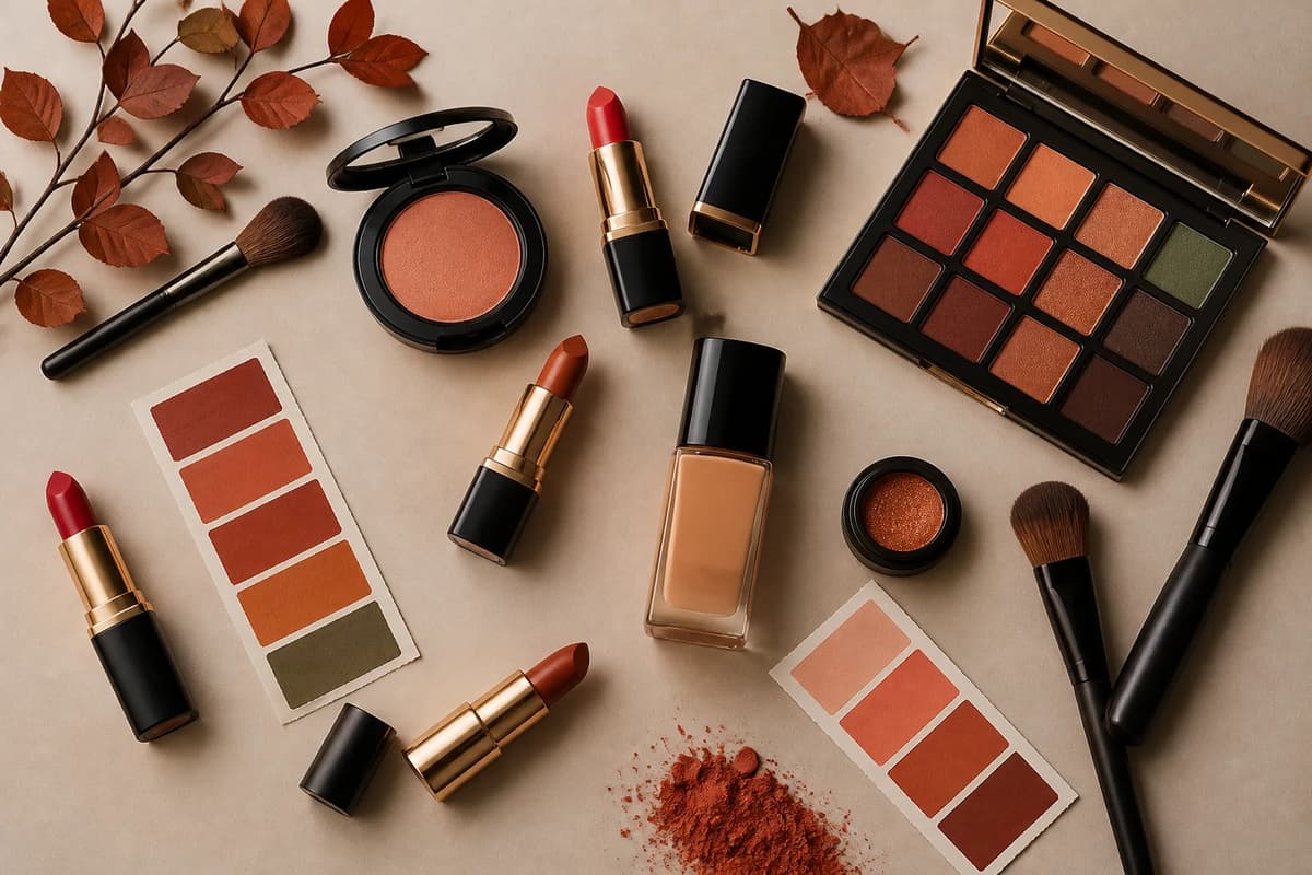 A flat-lay of True Autumn makeup products, brick and terracotta lipsticks, peachy-bronze blush, copper and moss eyeshadows and warm brown liner, by ToneLala