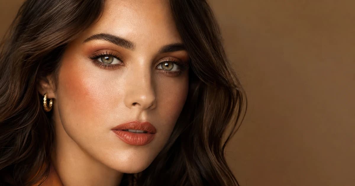 A woman wearing True Autumn makeup — terracotta lip, peachy-bronze blush and warm copper eyes, by ToneLala