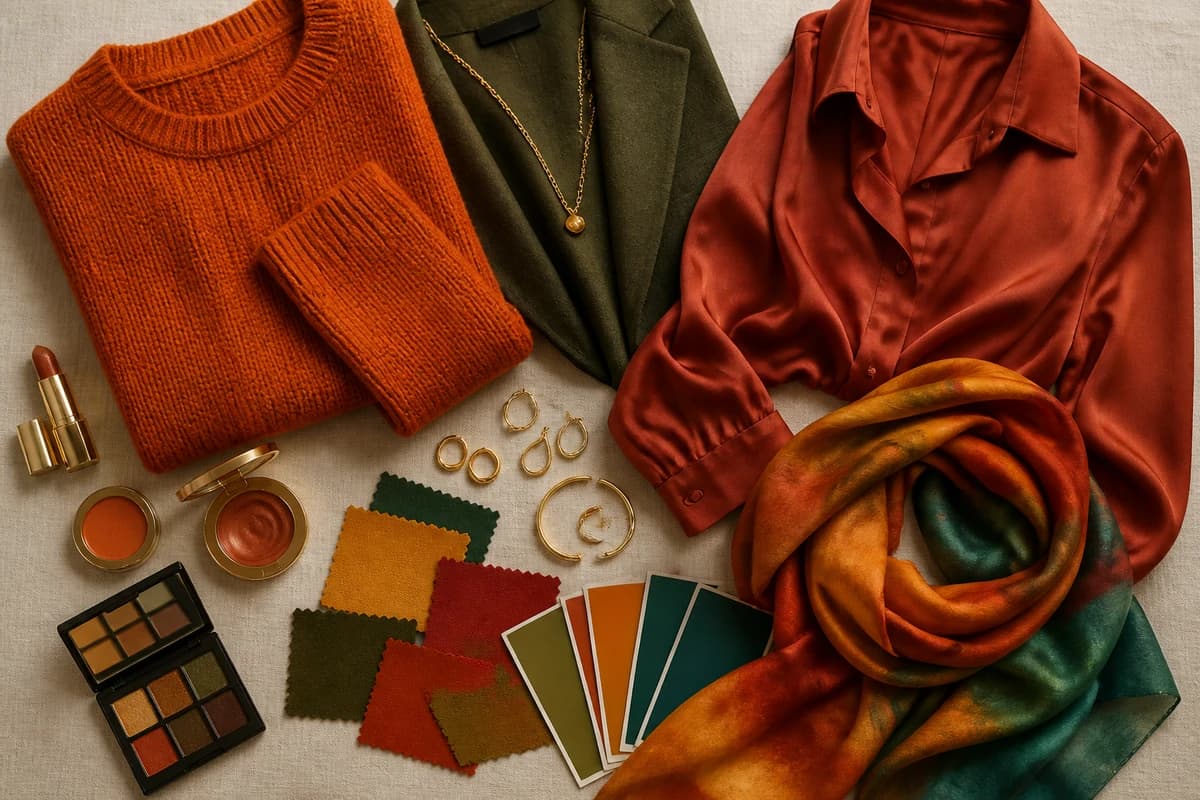 A True Autumn capsule wardrobe flat-lay, camel coat, chocolate trousers, rust and golden olive knits, cream shirt and warm leather accessories, by ToneLala