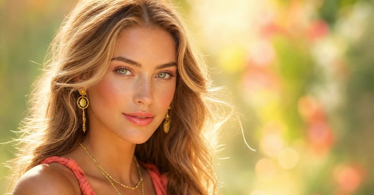 True Spring colour analysis — a woman with warm, light-to-medium, bright True Spring colouring wearing warm coral and leaf green, with yellow-gold jewellery, by ToneLala