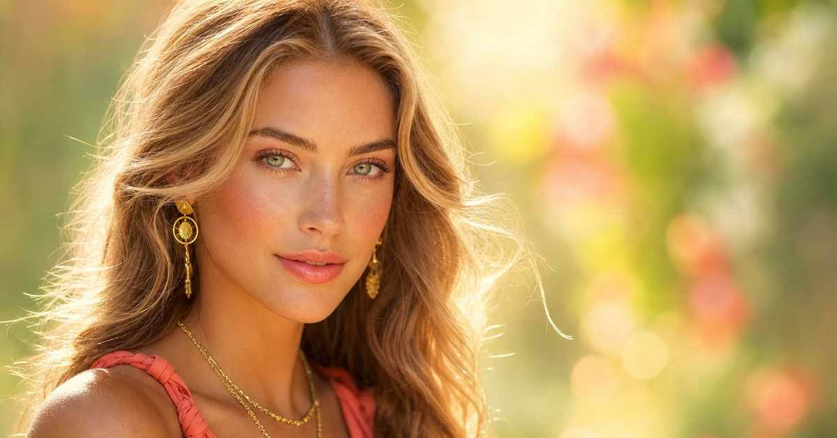 True Spring colour analysis — a woman with warm, light-to-medium, bright True Spring colouring wearing warm coral and leaf green, with yellow-gold jewellery, by ToneLala