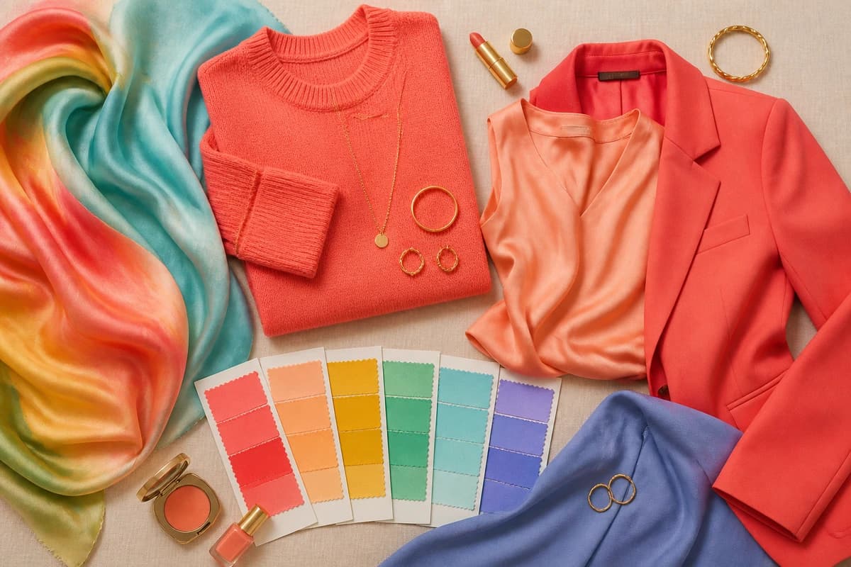 Flatlay of warm, bright True Spring fabrics and accessories in coral, golden yellow and leaf green, by ToneLala