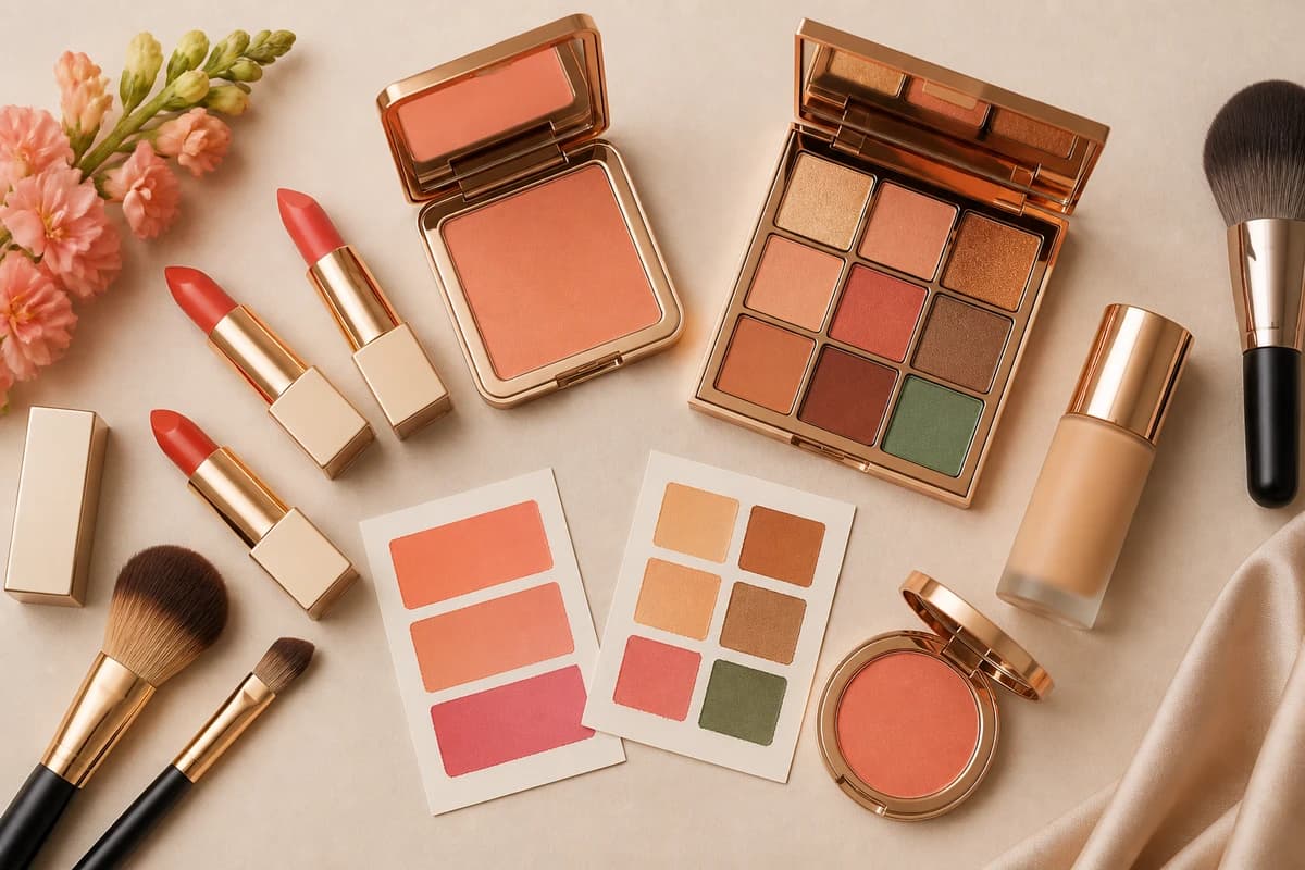 A flat-lay of True Spring makeup products, coral and peach lipsticks, warm bronze and green eyeshadows and a peach blush, by ToneLala