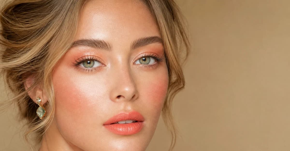 A woman wearing warm coral lipstick, peach blush and golden bronze eyeshadow in True Spring makeup, by ToneLala