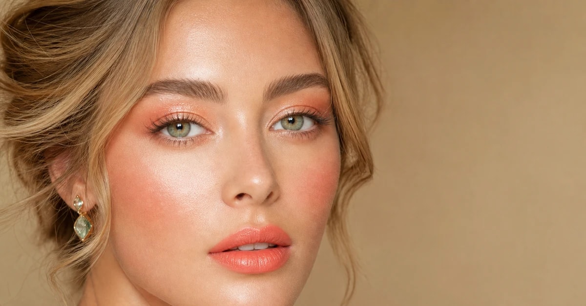 A woman wearing warm coral lipstick, peach blush and golden bronze eyeshadow in True Spring makeup, by ToneLala