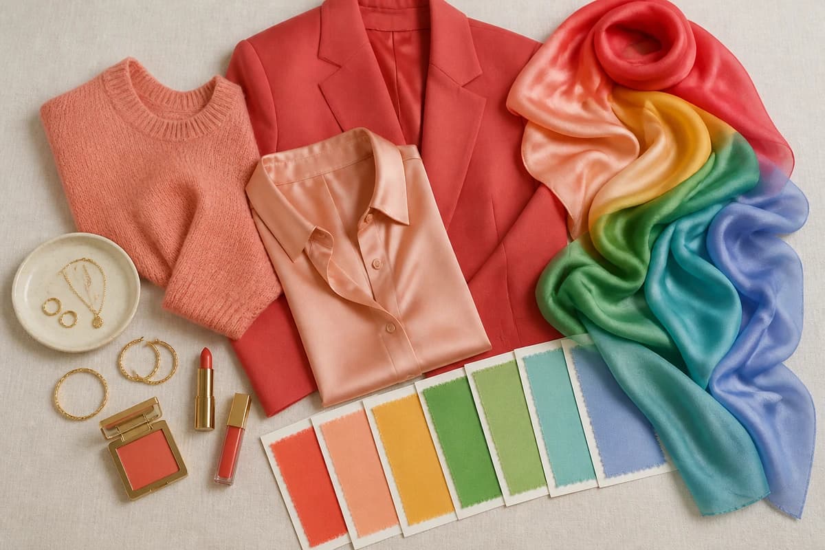 A True Spring capsule wardrobe flat-lay, warm coral, leaf green and golden yellow pieces with ivory and camel neutrals and gold accessories, by ToneLala