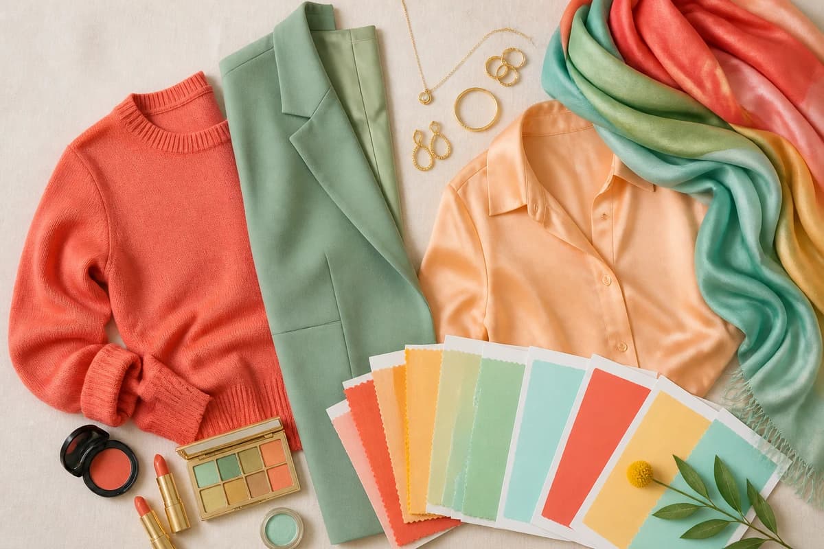 Flatlay of colors that distinguish True Spring from Light Spring, saturated warm coral and leaf green beside delicate peach and light aqua, by ToneLala