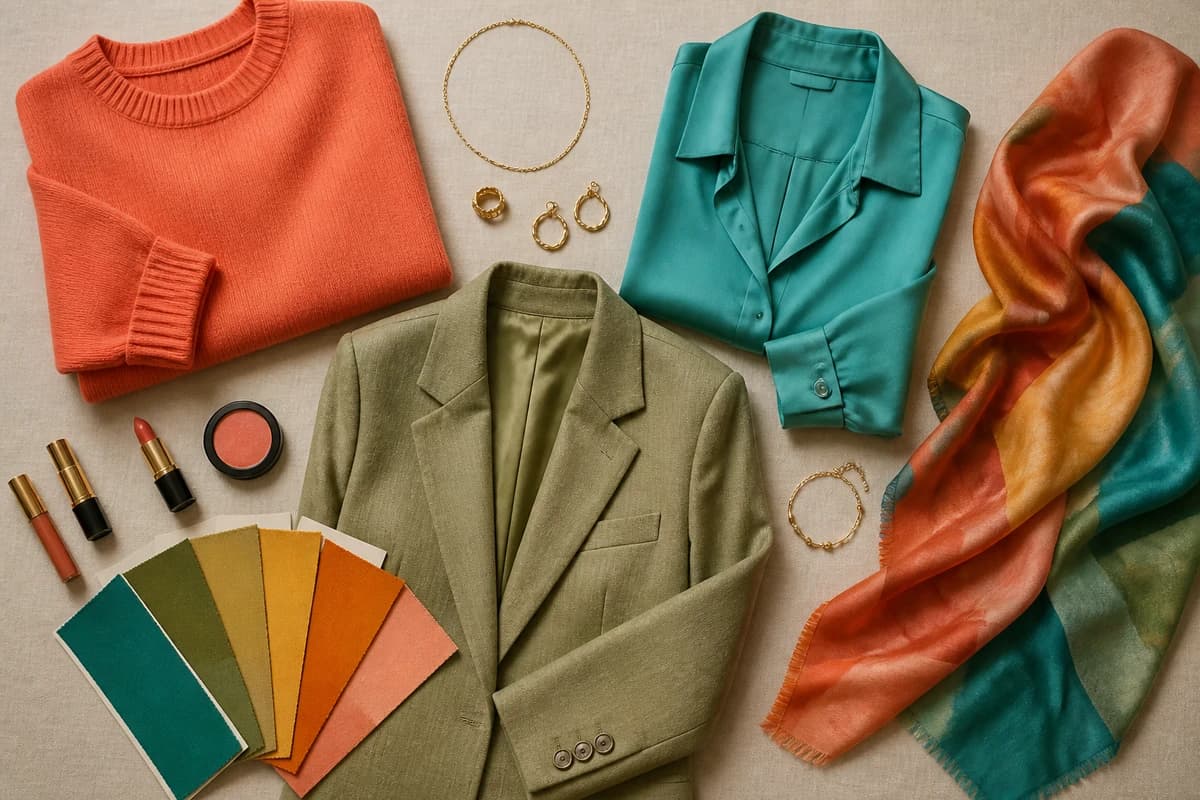 Flatlay of colors that distinguish True Spring from True Autumn, clear coral and golden yellow beside deep rust and forest green, by ToneLala