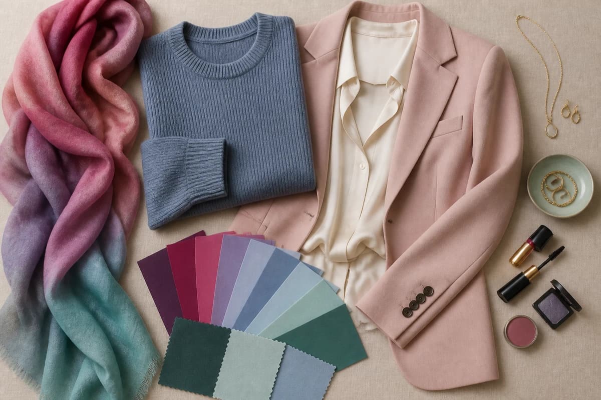 Flatlay of cool, muted True Summer fabrics and accessories in slate blue, rose and soft gray, by ToneLala