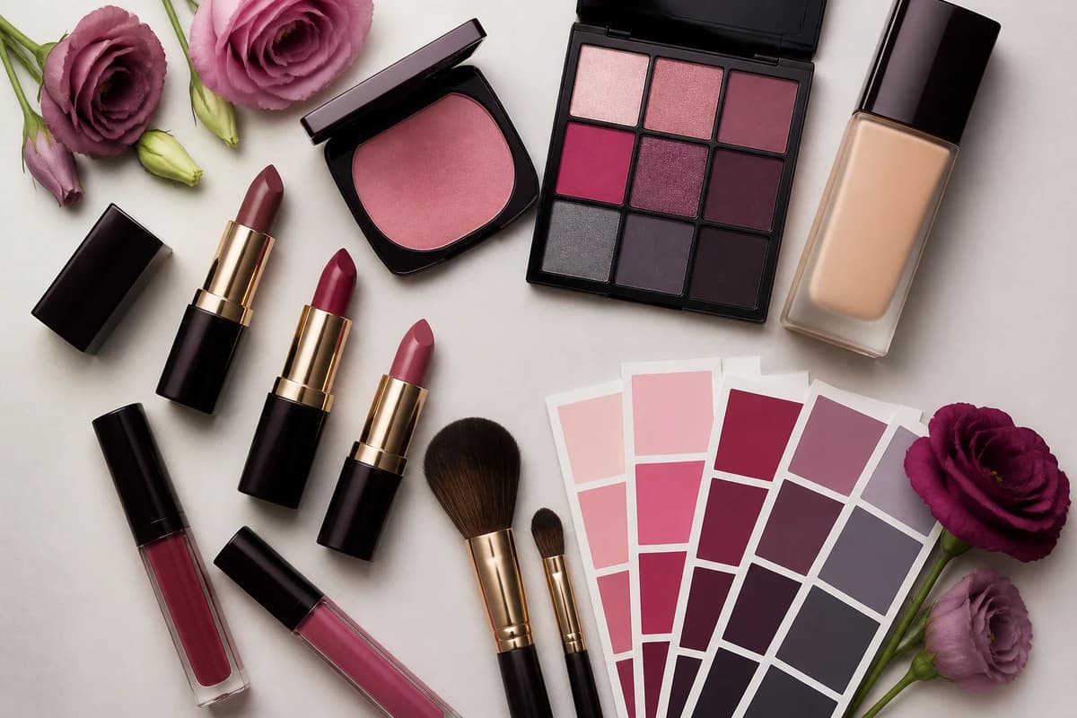 A flat-lay of True Summer makeup products, cool rose and raspberry lips, soft-plum blush, slate and cool-taupe eyeshadow, by ToneLala